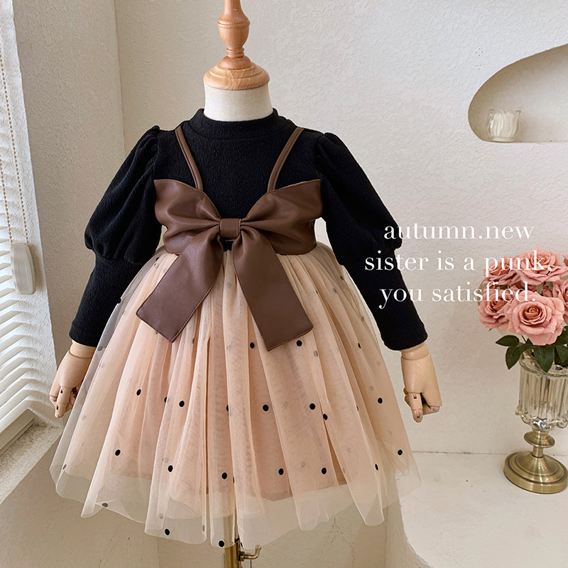 Ancorelala Autumn/Winter New Girls' Dress with Large Bow Strap, Long Sleeve Splicing Princess Skirt