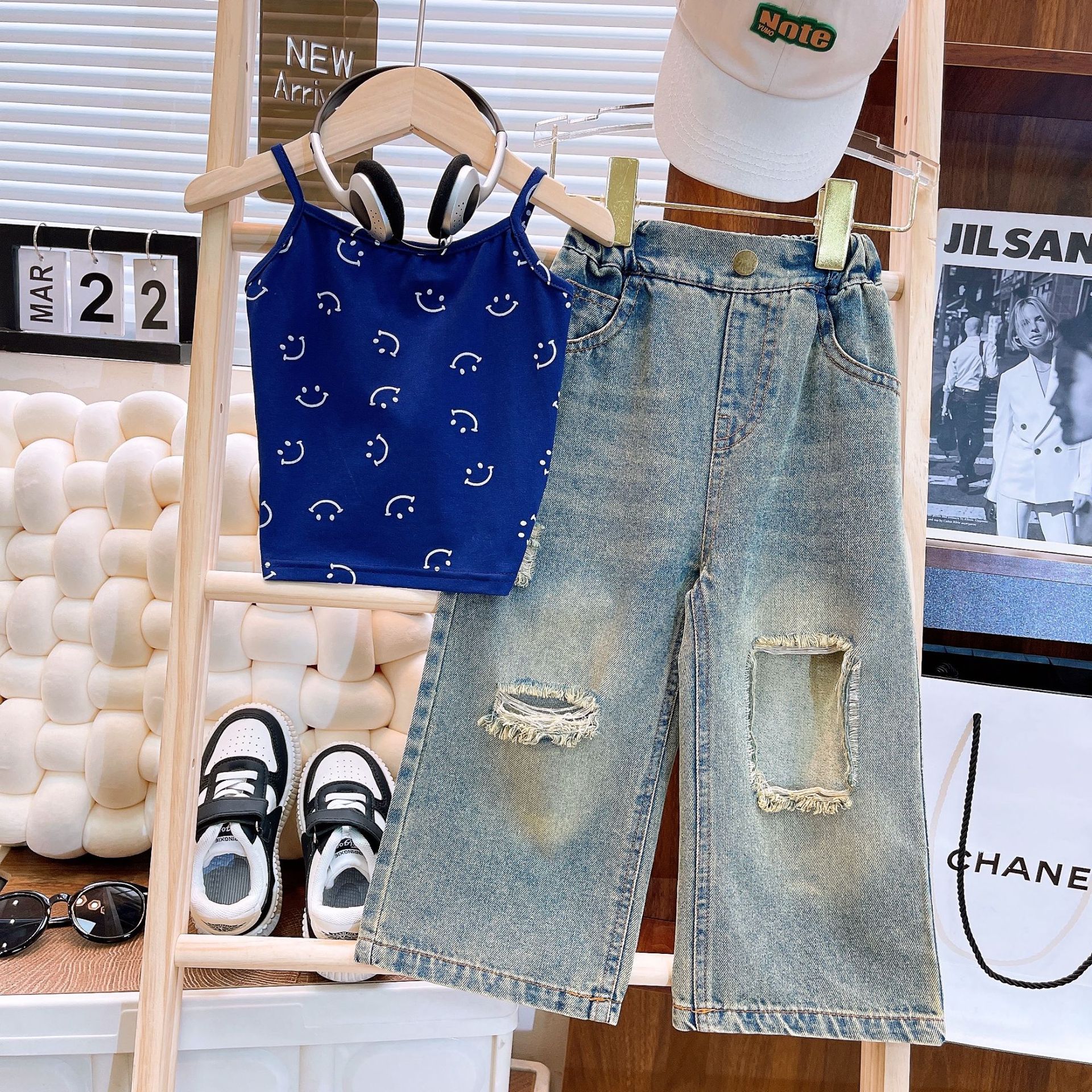 Ancorelala 2025 Summer New Girl's Set, Cute Baby Girl Tank Top and Jeans Two Piece Set