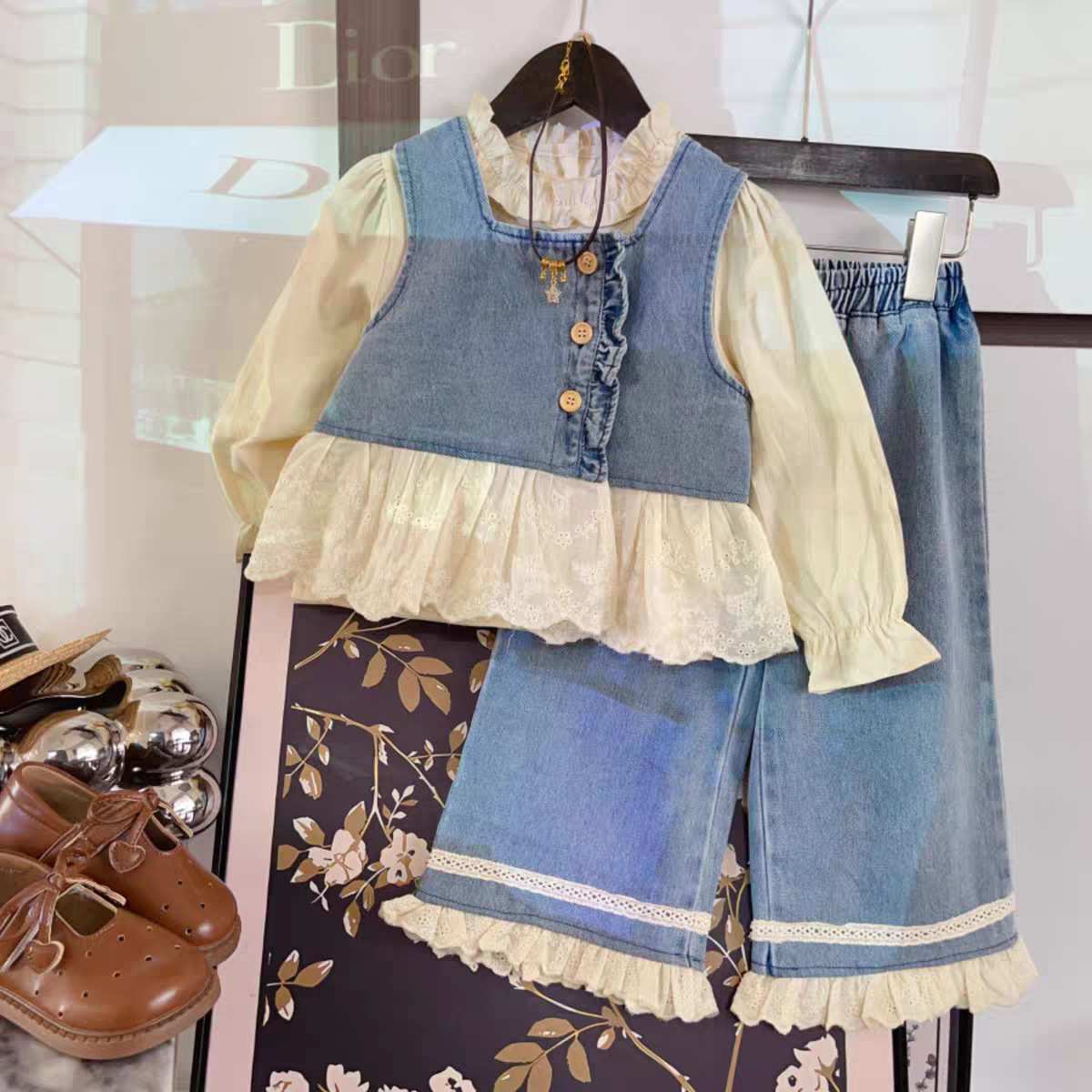 2025 Girls' Spring and Autumn New Set Cute Lace Cowboy Tank Top Bottom Shirt Straight Leg Pants 3-Piece Set Fashionable