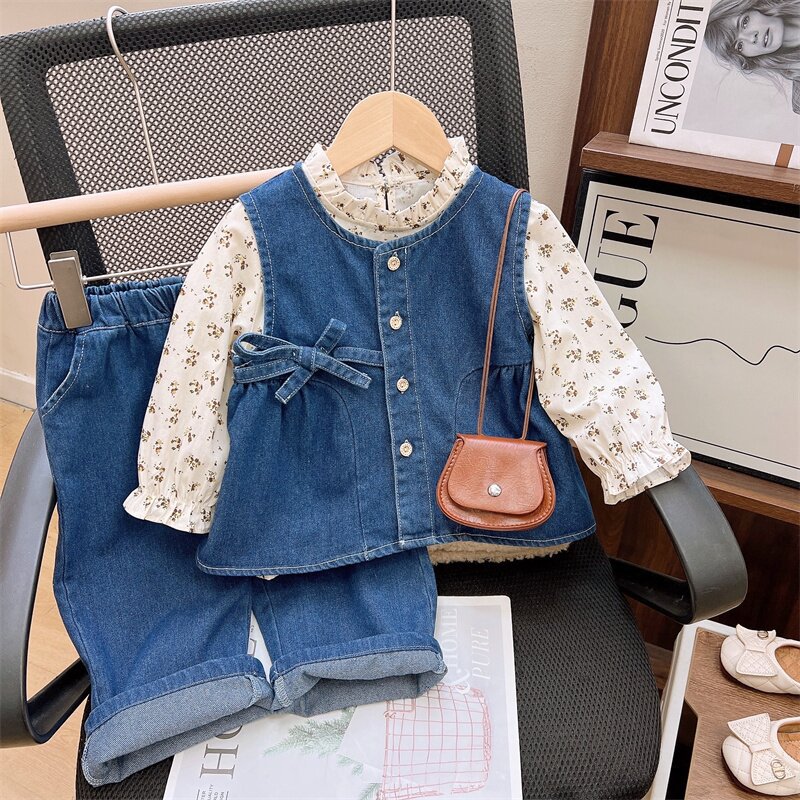 24087 Girls' Spring/Autumn 2025 New Children's Clothing, Women's Treasure Floral Shirt, Cowboy Tank Top, Pants 3-Piece Set Trendy