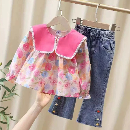 Spring and Autumn New Girl Baby Children's Clothing Cute Big Collar Flower Top and Jeans Two Piece Set