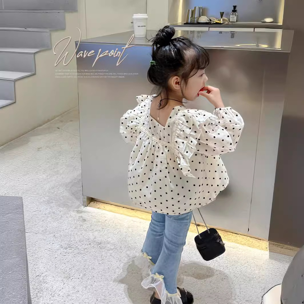 Ancorelala autumn new children's clothing, girls' polka dot doll, top with lace denim jeans set