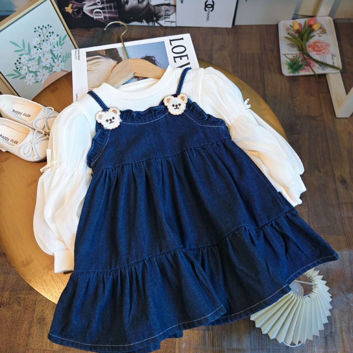 Ancorelala Spring and Autumn Children's Clothing, Cute Cowboy Strap Dress with Bubble Sleeves, Bottom Shirt Set