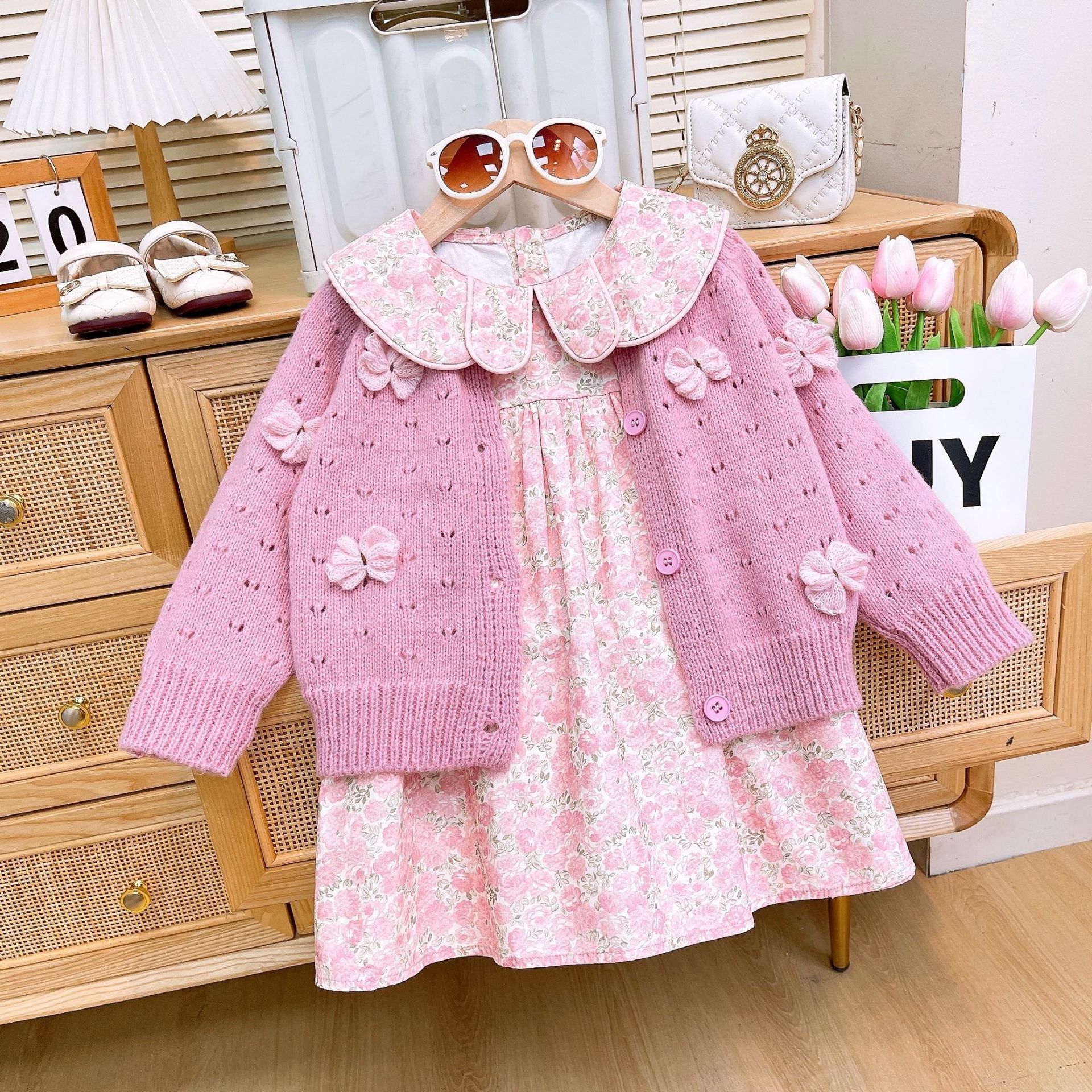 24081 Girls' 2025 Autumn and Winter New Children's Clothing Flower Knitted Sweater Sweater with Broken Flower Dress Two Piece Set