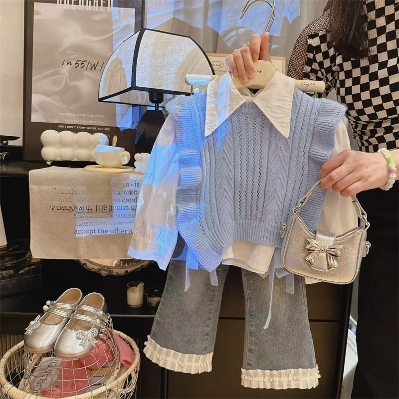 2025 autumn and winter new women's clothing knitwear vest shirt jeans three piece set cute women's treasure sweater set