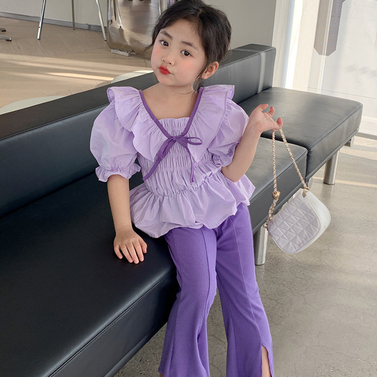 Ancorelala 2025 Summer New Girl's Set Fashion Korean Short sleeved Top with Bellbottom Pants Two piece Set
