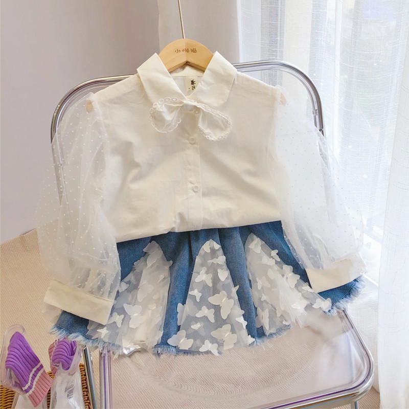 Ancorelala children's clothing autumn new item girls' two-piece set French shirt with three-dimensional butterfly denim skirt