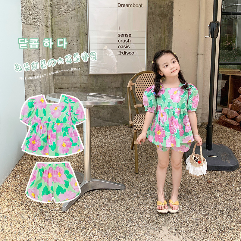 Ancorelala children's cross-border new product, girls' big flower doll shirt and shorts two-piece cute set