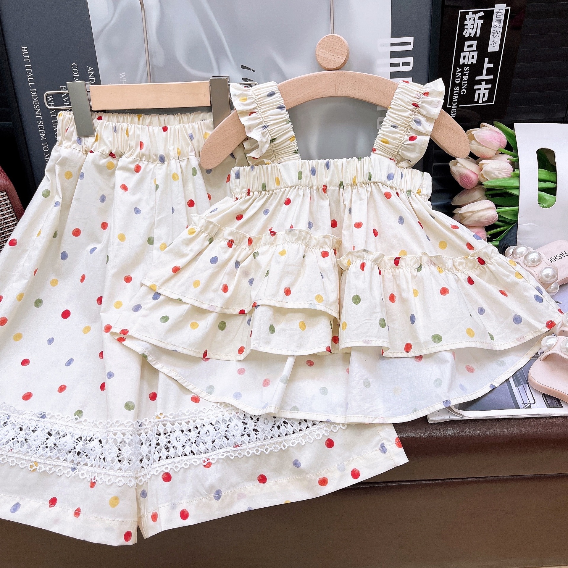 Ancorelala girls' Korean version polka dot set 2025 summer new Korean version girls' vest wide leg pants two-piece set