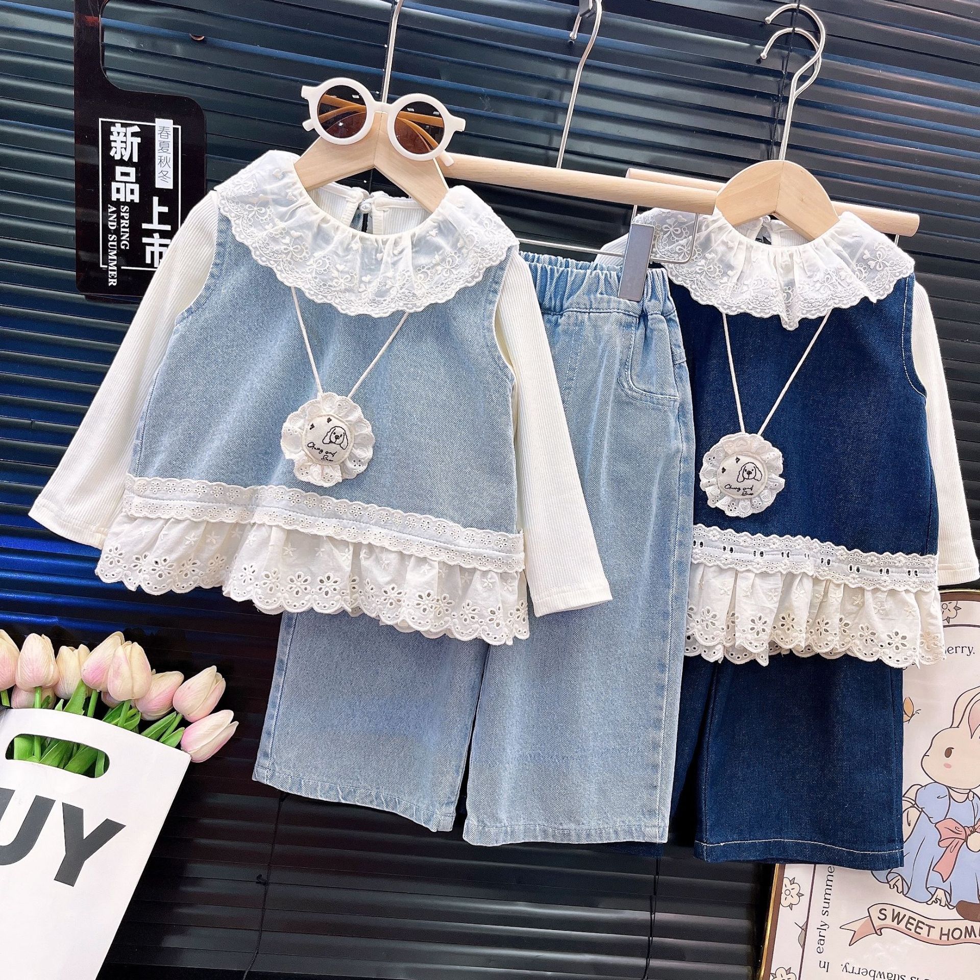 Girls' Spring Clothing Set 2025 New Style Children's Spring and Autumn Fashion Street Explosion Girl Baby Cowboy Three Piece Set