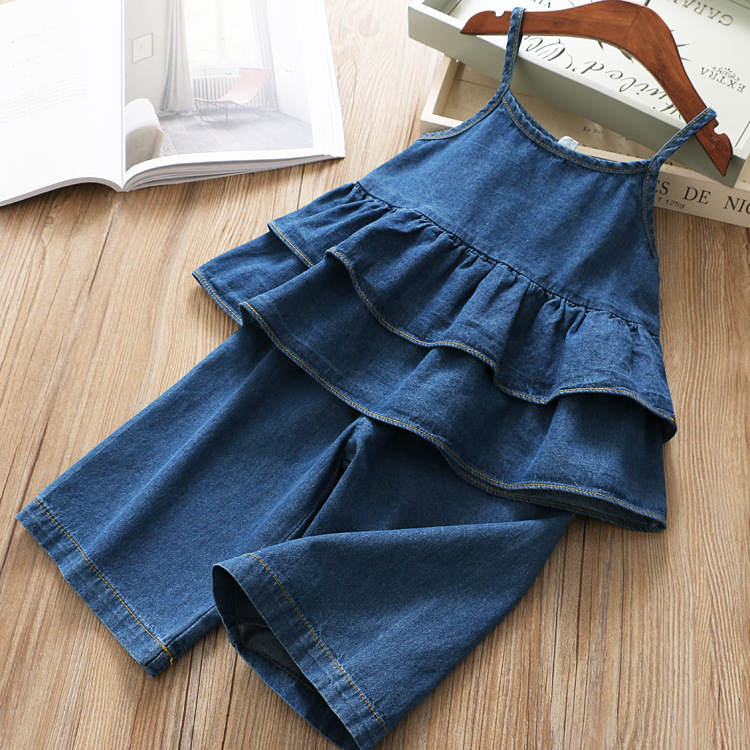 Ancorelala summer new product children's clothing Korean version foreign trade girls' denim camisole top with wide leg pants two-piece set