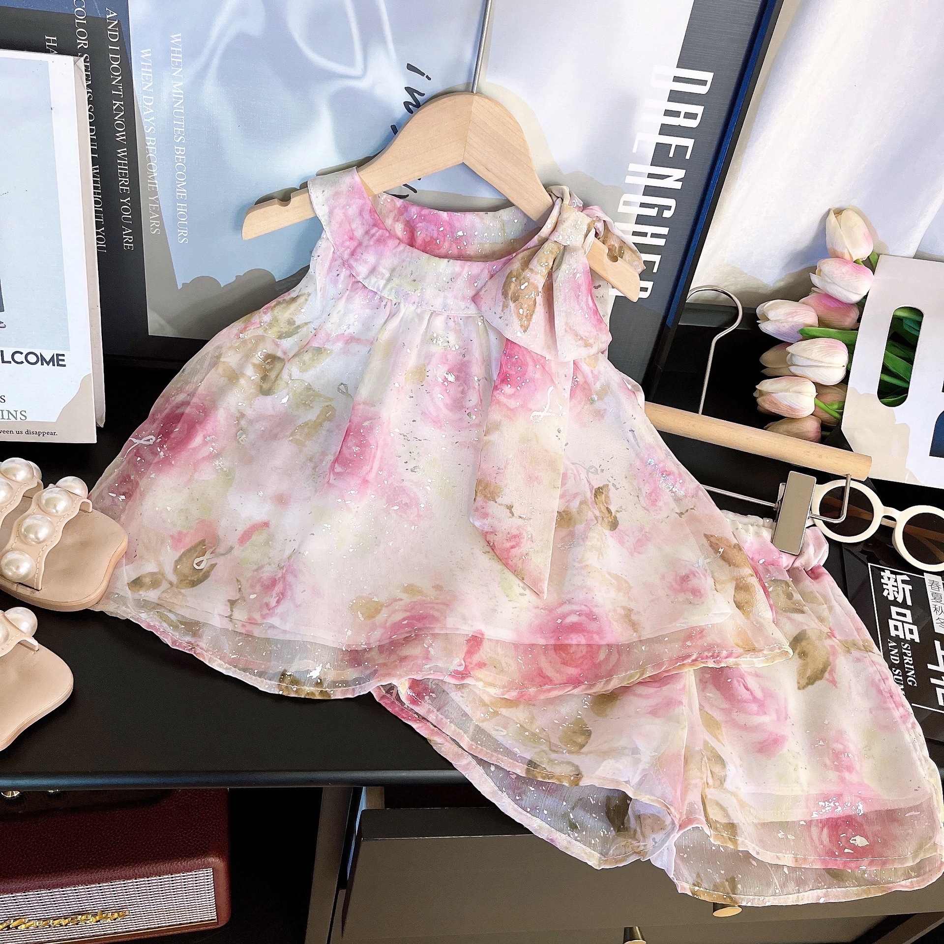 Ancorelala Girls 2025 Pink Rose Sleeveless Top and Shorts Two Piece Set, Cute Girl Set