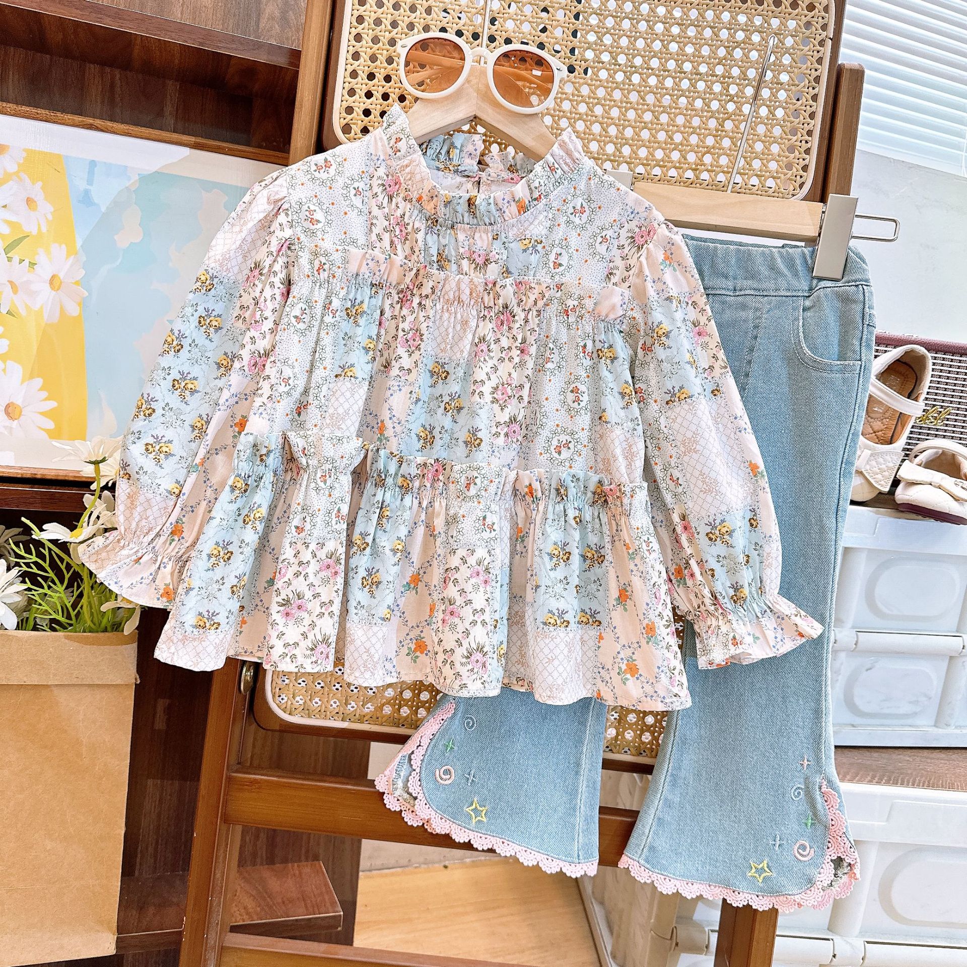 Ancorelala 2025 Spring and Autumn New Girl's Set Cute Floral Doll Shirt Top with Lace Jeans