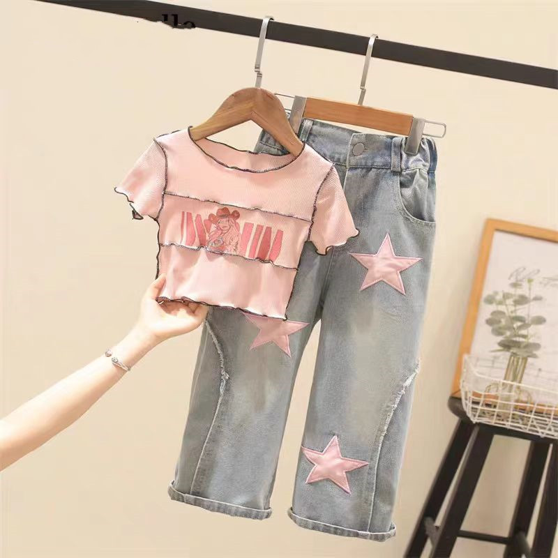 Ancorelala 2024 Spring and Summer New Collection: High Waist Tight Short Sleeve and Jeans Two Piece Set for Middle and Large Girls' Clothing