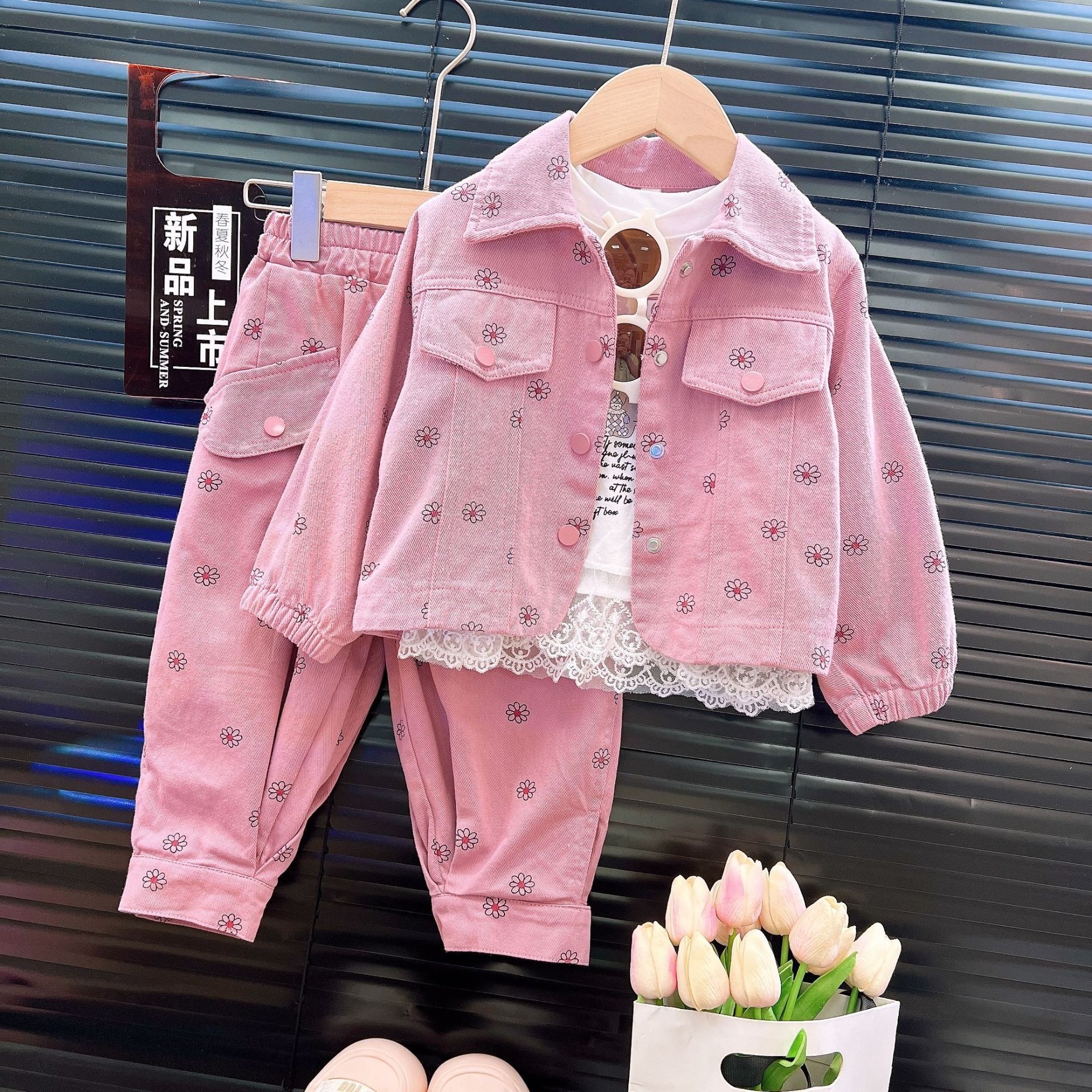 Girls' Set 2025 Spring and Autumn New Style Baby Girls' Fashion Cowboy Printed Coat Long Pants Two piece Western Style Set