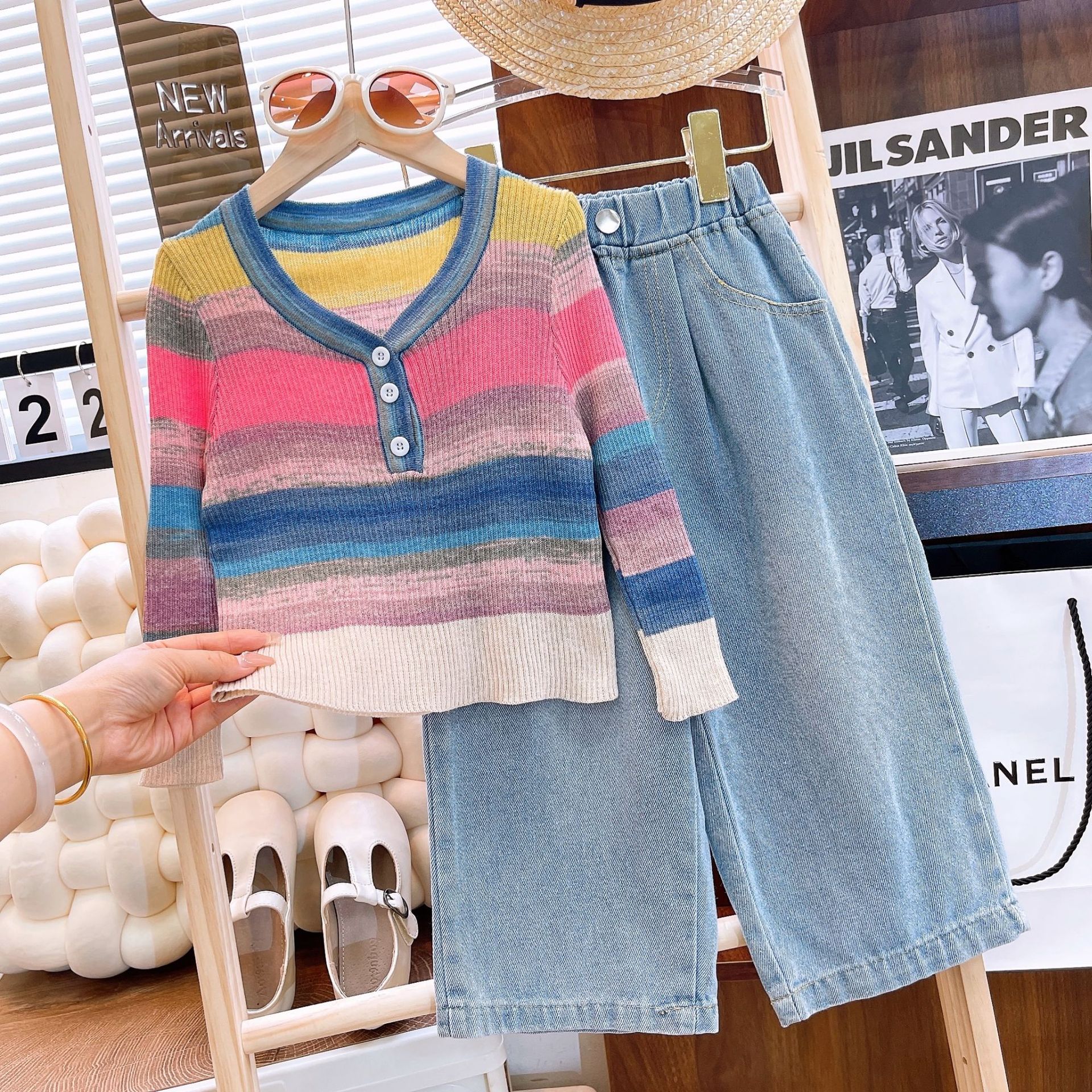 Ancorelala 2025 Spring/Autumn New Girls' Set Rainbow Knitted Shirt Straight leg Jeans Two piece Set