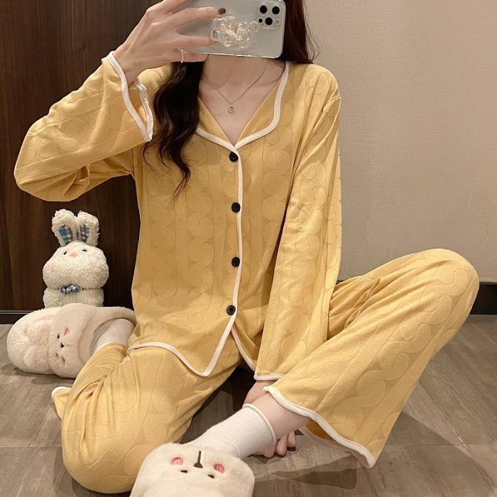 Korean version of simple short sleeved shorts sleepwear for women, loose and simple wave jacquard cotton, summer loose and can be worn as outerwear Korean version of simple short sleeved shorts sleepwear for women, loose and simple wave jacquard cotton, summer loose and can be worn as outerwear