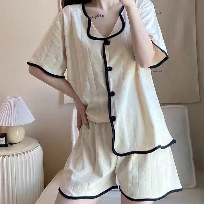 Korean version of simple short sleeved shorts sleepwear for women, loose and simple wave jacquard cotton, summer loose and can be worn as outerwear