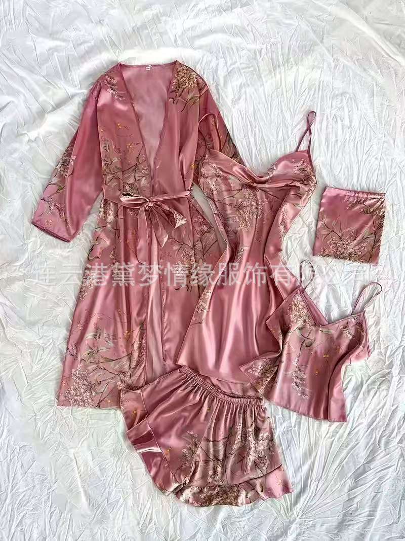 Home wear simple five piece set with printed cherry pajamas, women's thin nightgown, camisole shorts, camisole skirt set Home wear simple five piece set with printed cherry pajamas, women's thin nightgown, camisole shorts, camisole skirt set