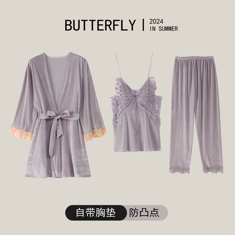 Golden Velvet Pajamas for Women Spring/Autumn/Winter 2025 New Sexy Strap Robe Long Pants 3-Piece Set with Chest Mat Home Clothes