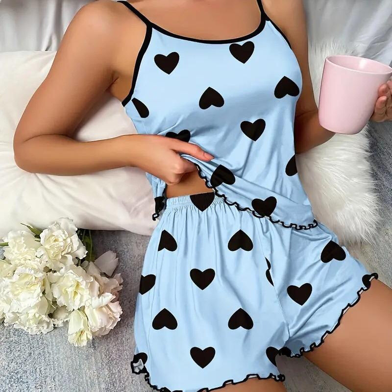 Cross border hot selling European and American summer women's pajamas two-piece set sexy casual camisole vest shorts home suit set Cross border hot selling European and American summer women's pajamas two-piece set sexy casual camisole vest shorts home suit set