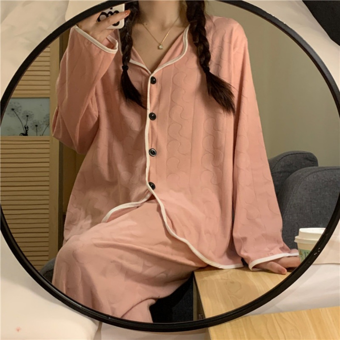 Korean version of simple short sleeved shorts sleepwear for women, loose and simple wave jacquard cotton, summer loose and can be worn as outerwear Korean version of simple short sleeved shorts sleepwear for women, loose and simple wave jacquard cotton, summer loose and can be worn as outerwear