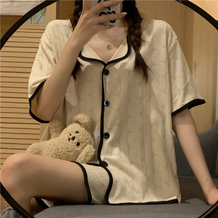 Korean version of simple short sleeved shorts sleepwear for women, loose and simple wave jacquard cotton, summer loose and can be worn as outerwear Korean version of simple short sleeved shorts sleepwear for women, loose and simple wave jacquard cotton, summer loose and can be worn as outerwear