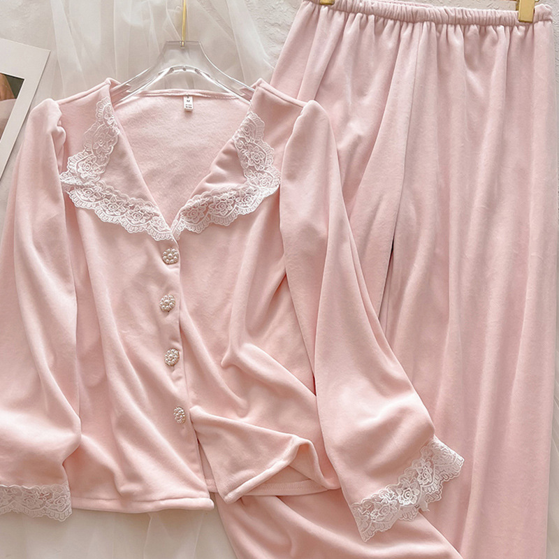 Women's autumn and winter warm island velvet women's pajamas set, simple and thin, double-sided velvet can be worn as outerwear for home use