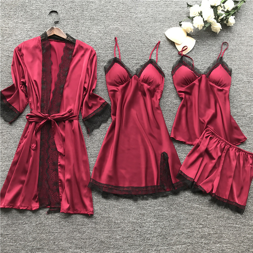 Cross border sleepwear, women's sexy sleepwear, 4-piece set, Korean version, camisole sleepwear, women's home wear with chest cushion, nightgown 2103