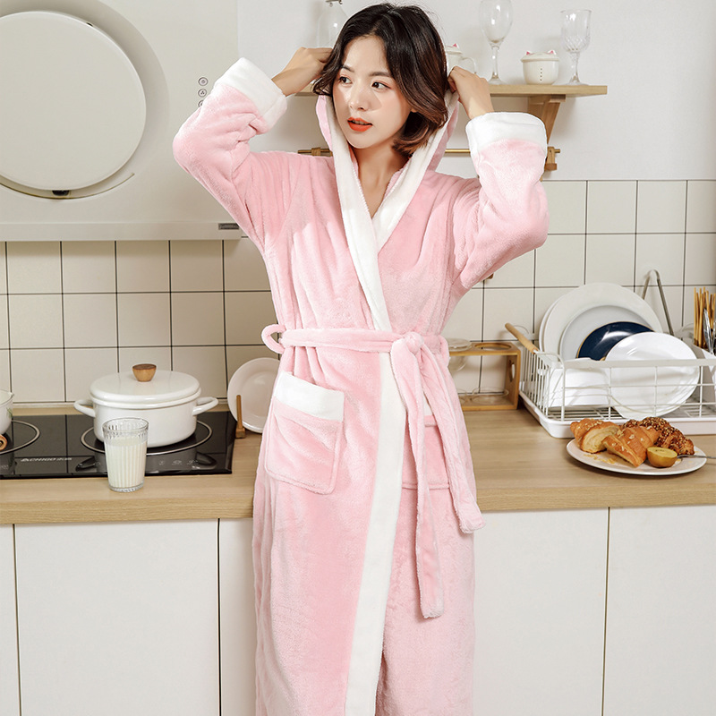 Couple hooded flannel nightgown, thickened and elongated bathrobe, women's coral fleece, men's plush pajamas, winter robe Couple hooded flannel nightgown, thickened and elongated bathrobe, women's coral fleece, men's plush pajamas, winter robe