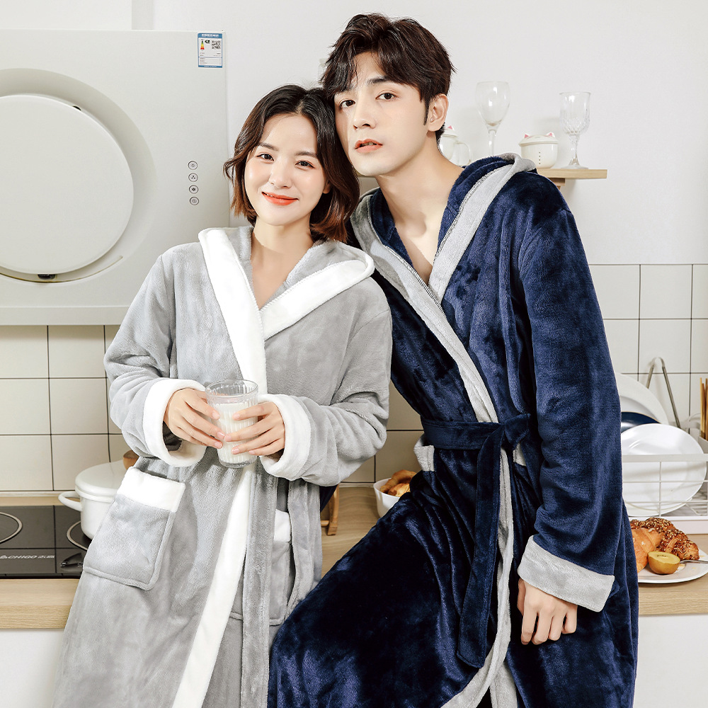 Couple hooded flannel nightgown, thickened and elongated bathrobe, women's coral fleece, men's plush pajamas, winter robe