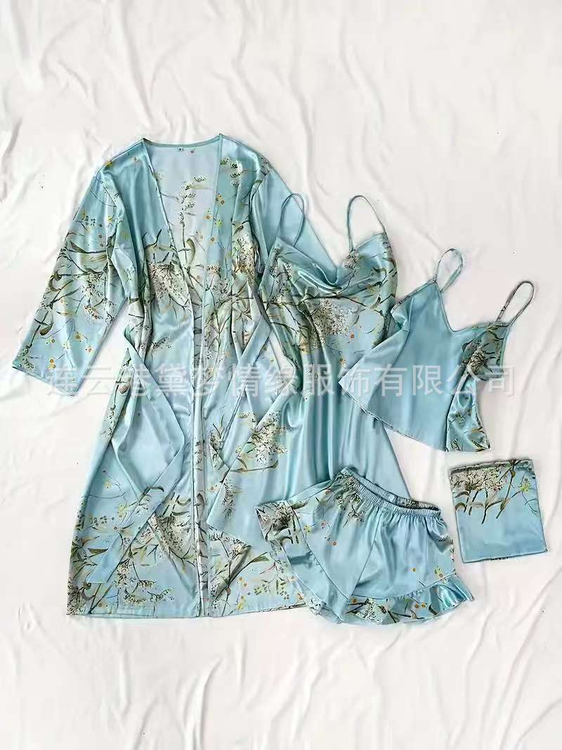 Home wear simple five piece set with printed cherry pajamas, women's thin nightgown, camisole shorts, camisole skirt set Home wear simple five piece set with printed cherry pajamas, women's thin nightgown, camisole shorts, camisole skirt set