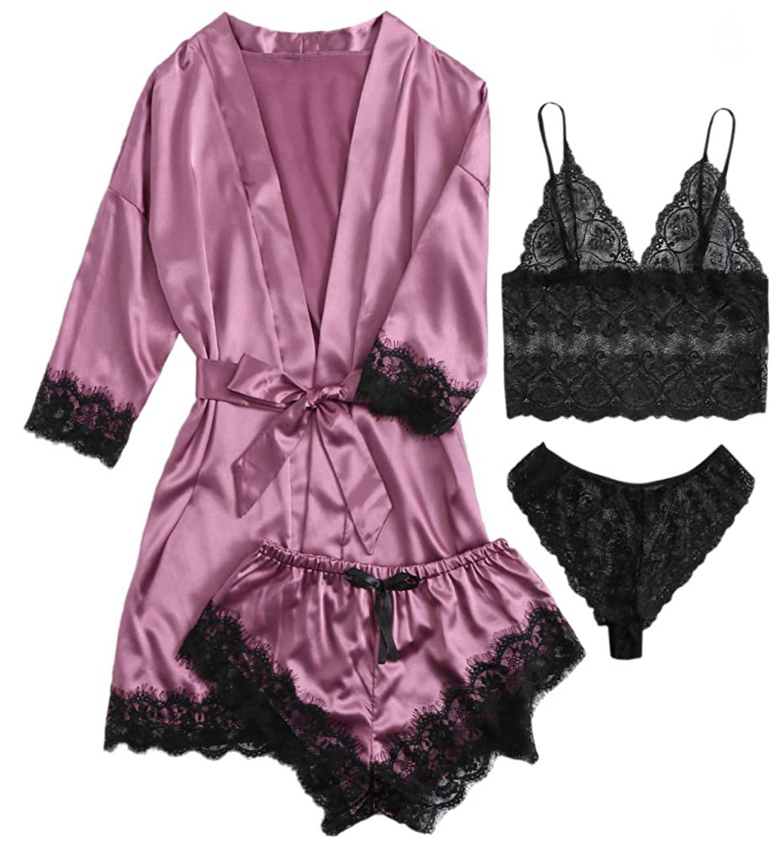 Four piece set of European and American women's pajamas, erotic lingerie, plus size, foreign trade home clothing manufacturer, Amazon new lace Four piece set of European and American women's pajamas, erotic lingerie, plus size, foreign trade home clothing manufacturer, Amazon new lace