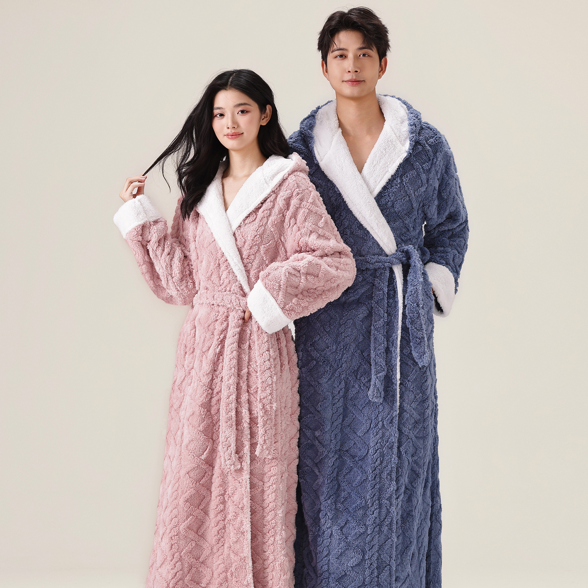 Women's Winter Couple Thick and Extended Flannel Pajamas Bathrobe Men's Coral Velvet Hooded Home Clothes