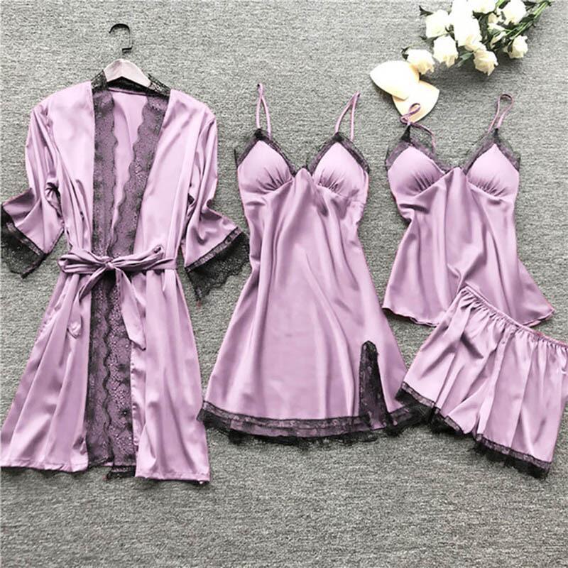 Cross border sleepwear, women's sexy sleepwear, 4-piece set, Korean version, camisole sleepwear, women's home wear with chest cushion, nightgown 2103 Cross border sleepwear, women's sexy sleepwear, 4-piece set, Korean version, camisole sleepwear, women's home wear with chest cushion, nightgown 2103