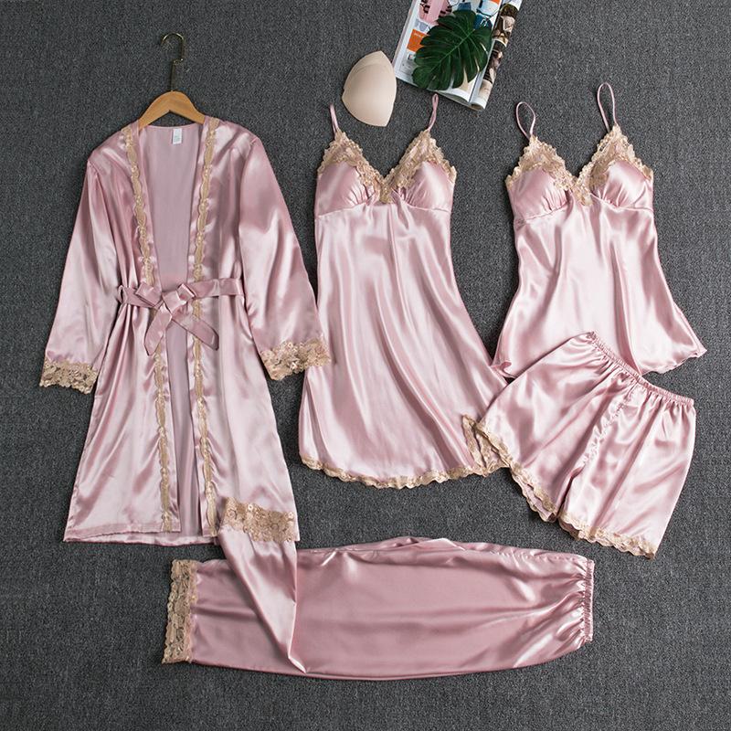 Cross border new sleepwear with chest cushion, silk sexy suspender, gold flower five piece set, sleepwear, thin home clothes for foreign trade Cross border new sleepwear with chest cushion, silk sexy suspender, gold flower five piece set, sleepwear, thin home clothes for foreign trade