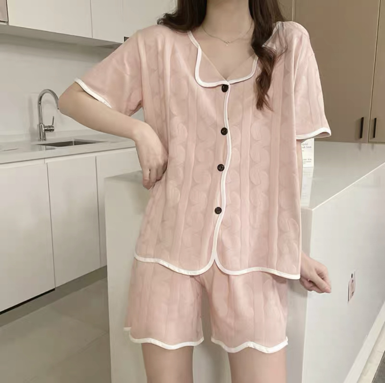 Korean version of simple short sleeved shorts sleepwear for women, loose and simple wave jacquard cotton, summer loose and can be worn as outerwear Korean version of simple short sleeved shorts sleepwear for women, loose and simple wave jacquard cotton, summer loose and can be worn as outerwear