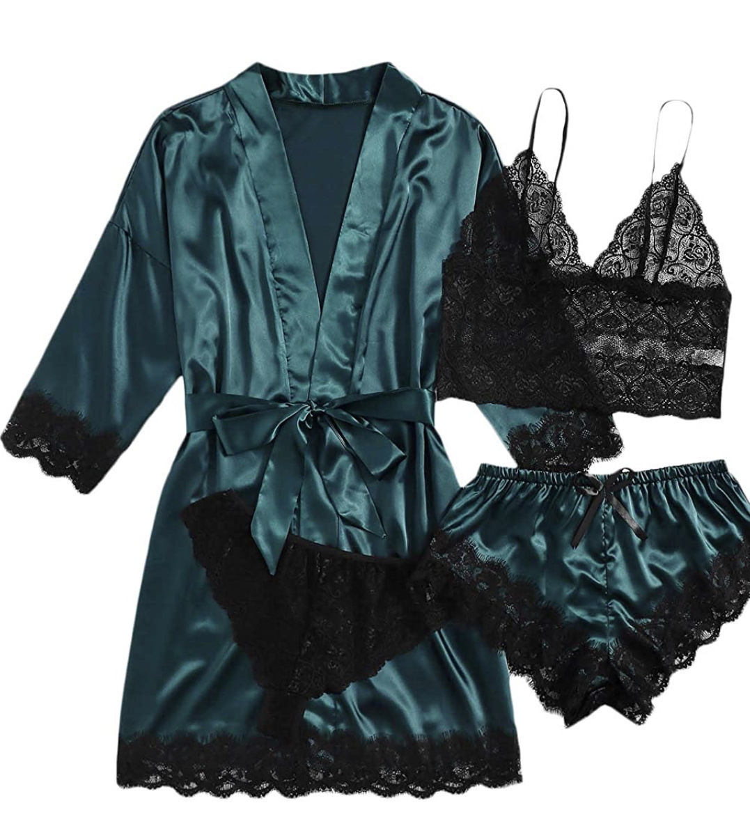 Four piece set of European and American women's pajamas, erotic lingerie, plus size, foreign trade home clothing manufacturer, Amazon new lace Four piece set of European and American women's pajamas, erotic lingerie, plus size, foreign trade home clothing manufacturer, Amazon new lace