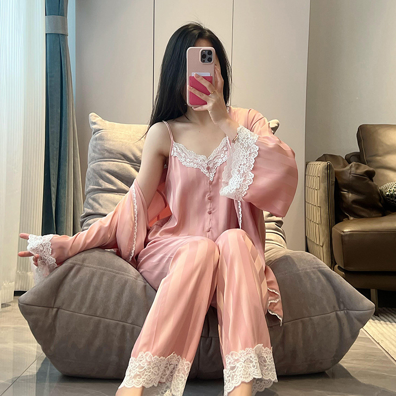 Three piece sleepwear set for women in summer, ice silk long sleeved striped nightgown, sexy suspender pants set, home wear, internet celebrity