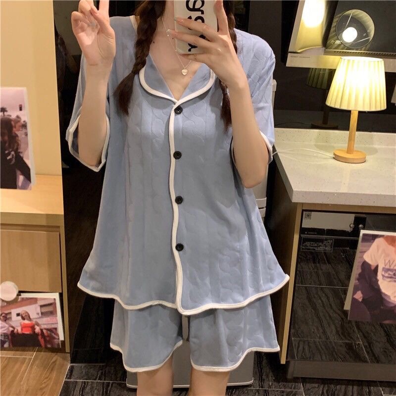 Korean version of simple short sleeved shorts sleepwear for women, loose and simple wave jacquard cotton, summer loose and can be worn as outerwear Korean version of simple short sleeved shorts sleepwear for women, loose and simple wave jacquard cotton, summer loose and can be worn as outerwear
