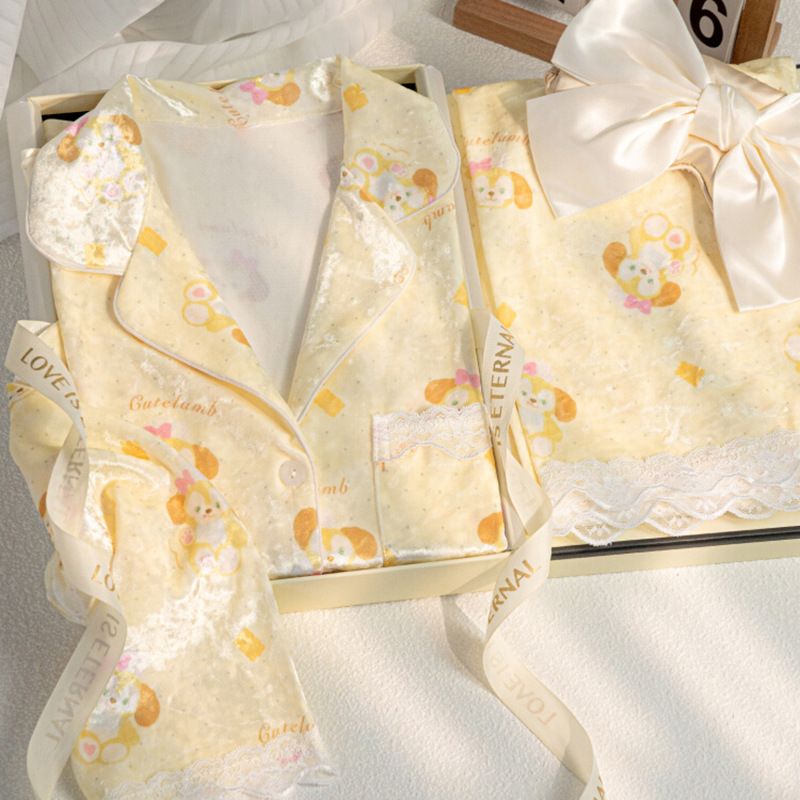 Golden Velvet Pajamas for Women Autumn and Winter 2025 New Style High end Single sided Velvet Collar Cardigan Long Sleeve Long Pants Two piece Set