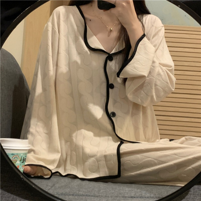 Korean version of simple short sleeved shorts sleepwear for women, loose and simple wave jacquard cotton, summer loose and can be worn as outerwear Korean version of simple short sleeved shorts sleepwear for women, loose and simple wave jacquard cotton, summer loose and can be worn as outerwear