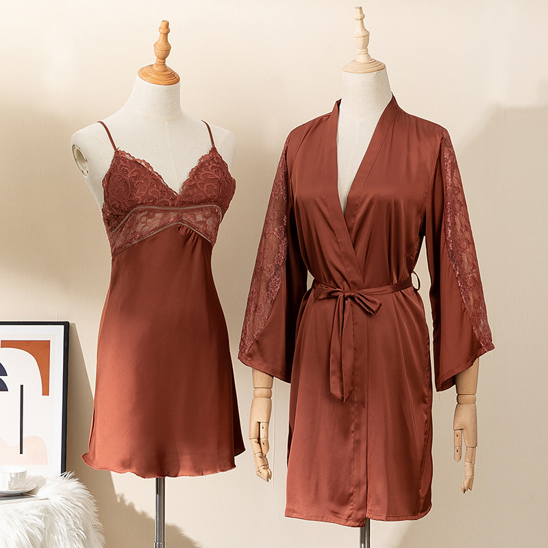 Pajamas for women in spring and autumn, thin ice silk nightgown and nightdress, two-piece set, sexy, revealing, suspender, chest cushion, suspender, home suit set