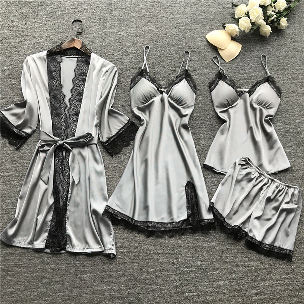 Cross border sleepwear, women's sexy sleepwear, 4-piece set, Korean version, camisole sleepwear, women's home wear with chest cushion, nightgown 2103 Cross border sleepwear, women's sexy sleepwear, 4-piece set, Korean version, camisole sleepwear, women's home wear with chest cushion, nightgown 2103