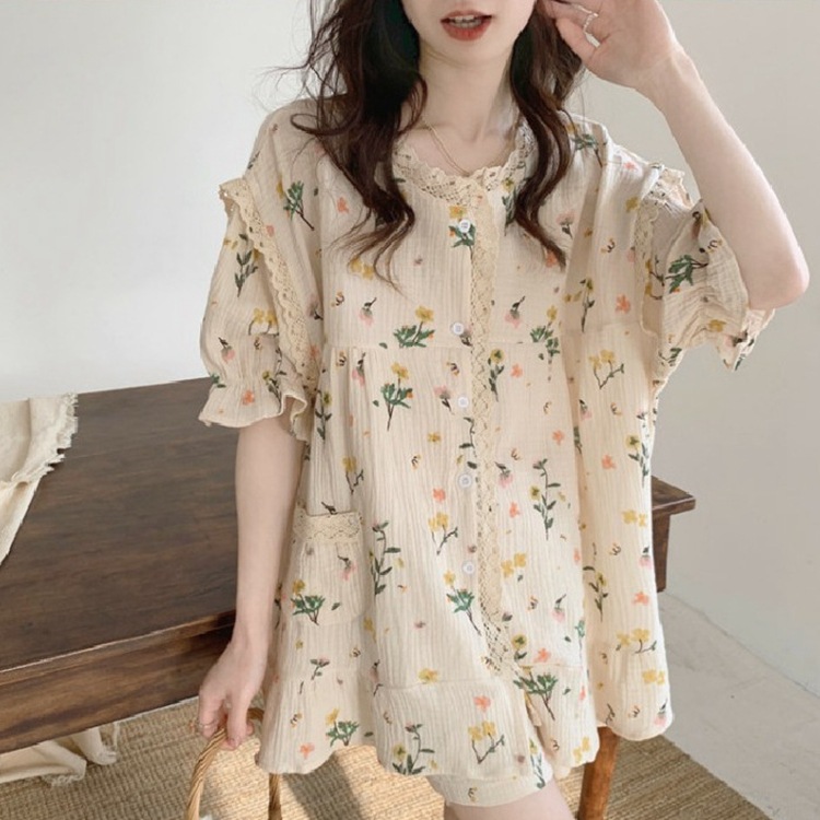 Ins Korean version princess style summer pajamas women's short sleeved floral round neck sweet girl student loose home clothes