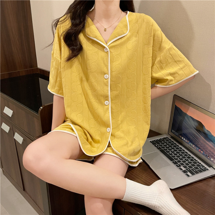 Korean version of simple short sleeved shorts sleepwear for women, loose and simple wave jacquard cotton, summer loose and can be worn as outerwear Korean version of simple short sleeved shorts sleepwear for women, loose and simple wave jacquard cotton, summer loose and can be worn as outerwear
