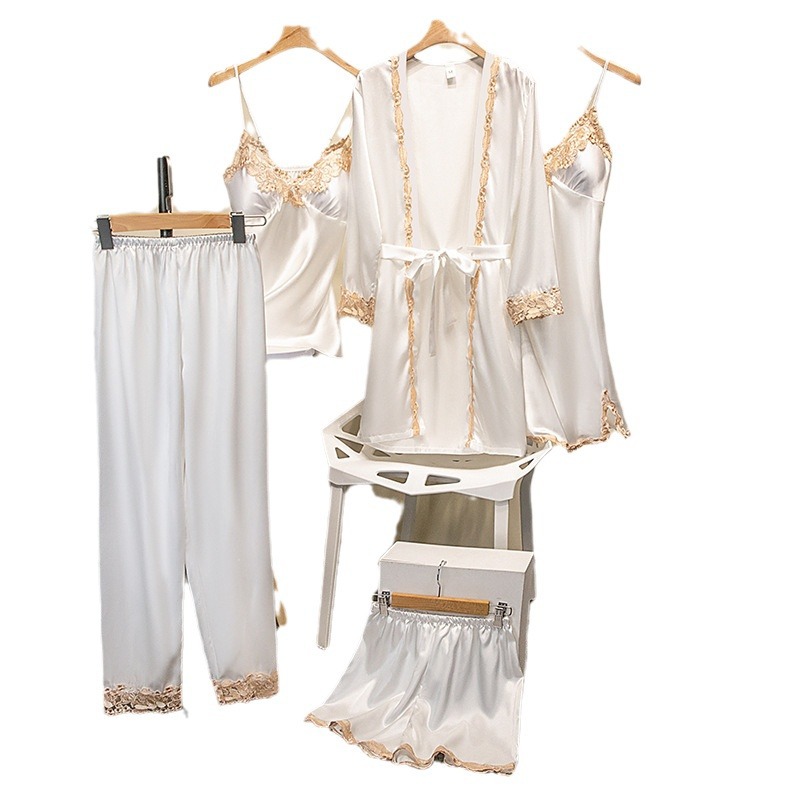 Cross border new sleepwear with chest cushion, silk sexy suspender, gold flower five piece set, sleepwear, thin home clothes for foreign trade Cross border new sleepwear with chest cushion, silk sexy suspender, gold flower five piece set, sleepwear, thin home clothes for foreign trade