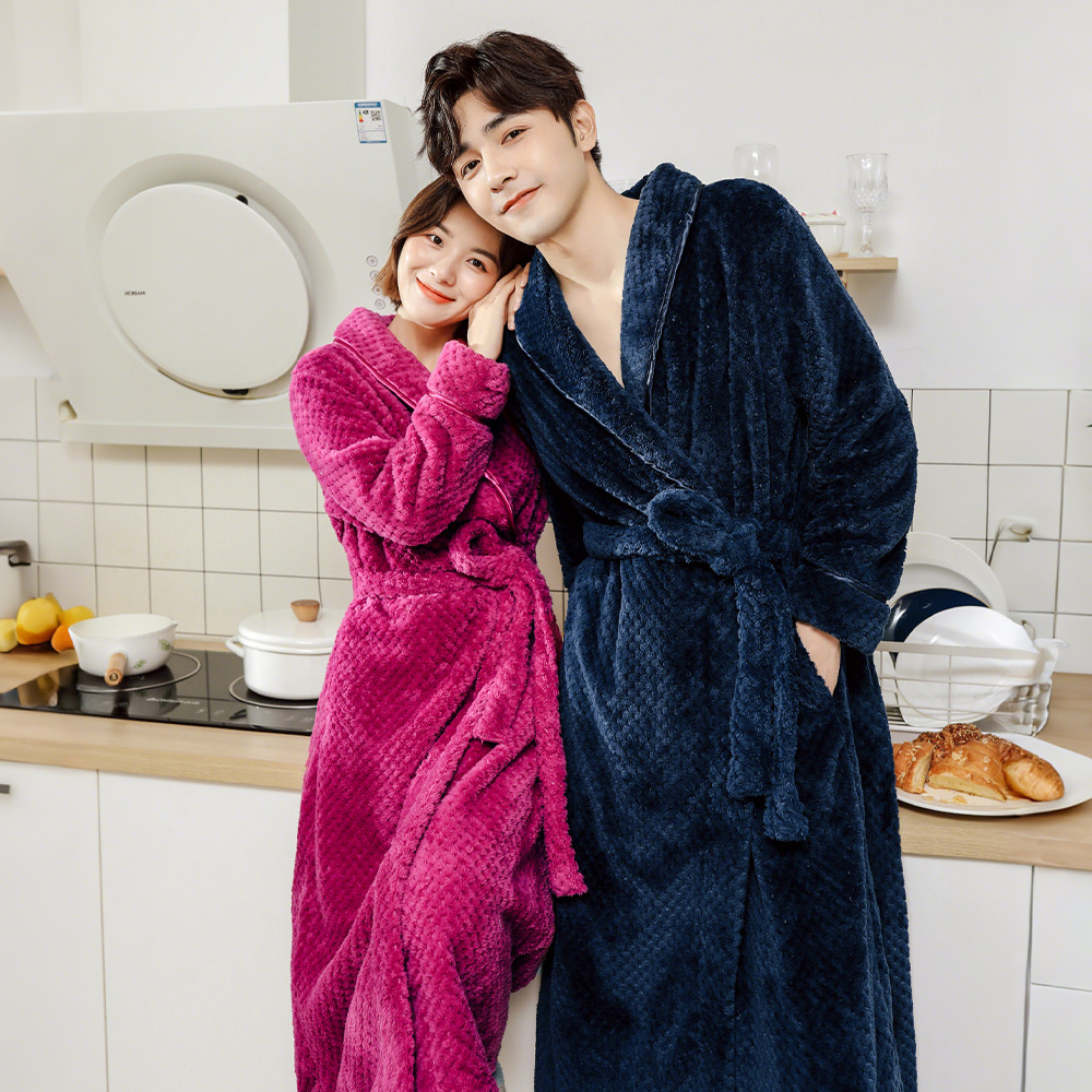 Women's Winter Couple Thick and Extended Flannel Pajamas Bathrobe Men's Coral Velvet Warm Home Clothes