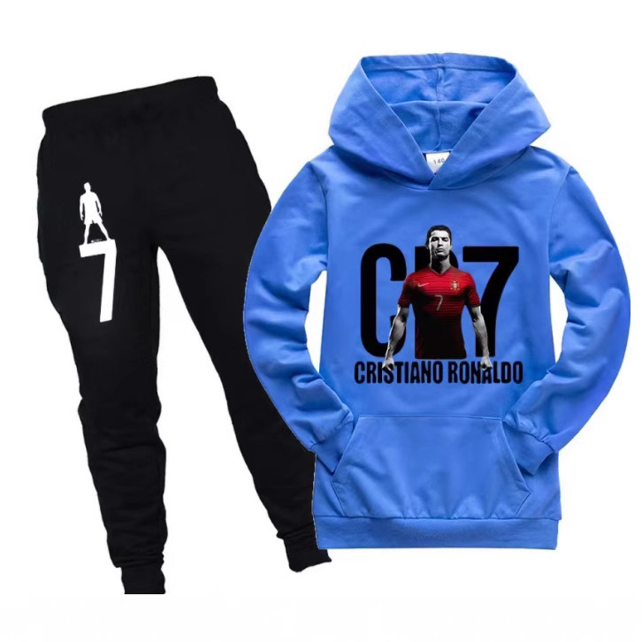 Fleece Cross border Foreign Trade Children's Clothing Men's and Women's Sports Set Character Pattern Pocket Hoodie+Black Long Set