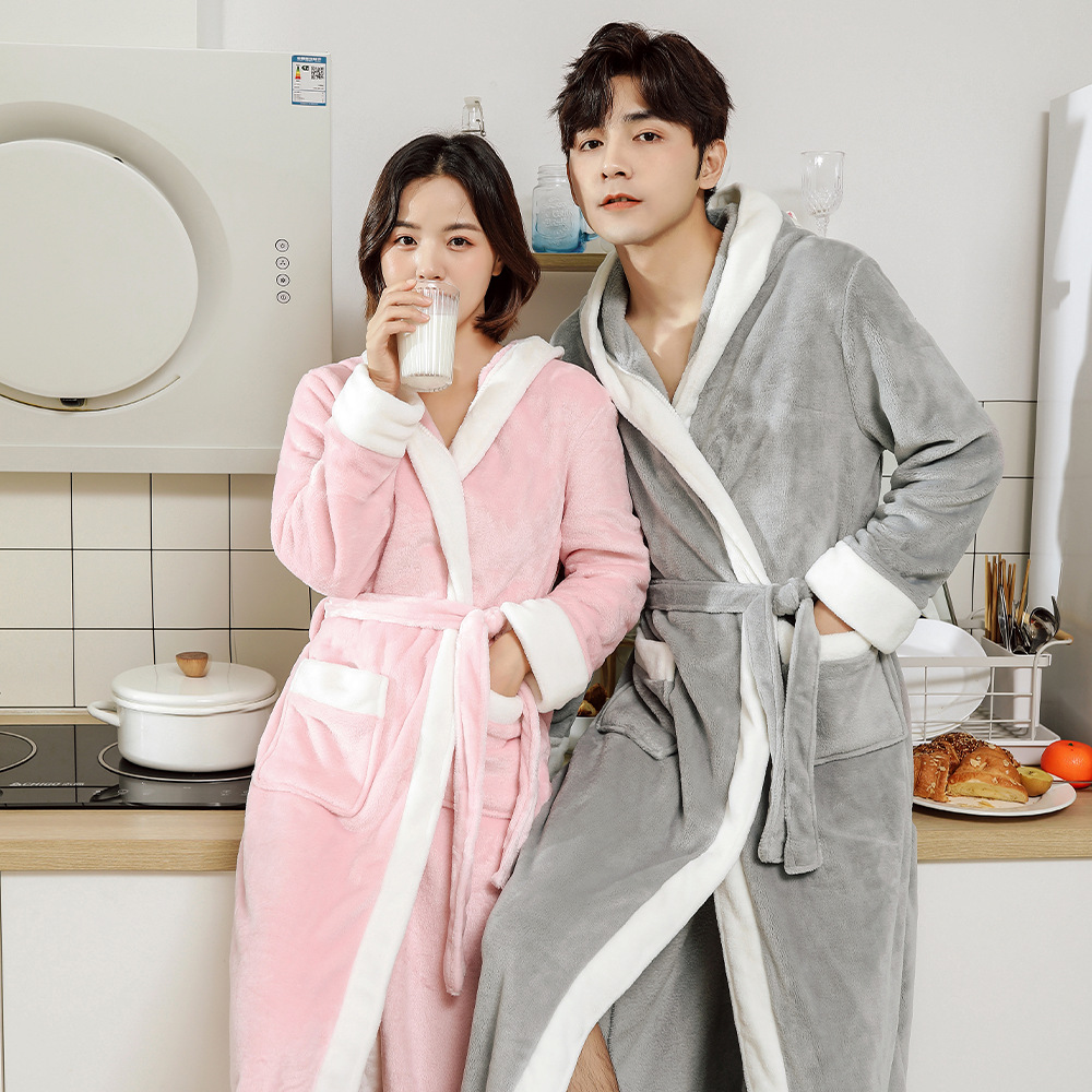 Couple hooded flannel nightgown, thickened and elongated bathrobe, women's coral fleece, men's plush pajamas, winter robe Couple hooded flannel nightgown, thickened and elongated bathrobe, women's coral fleece, men's plush pajamas, winter robe